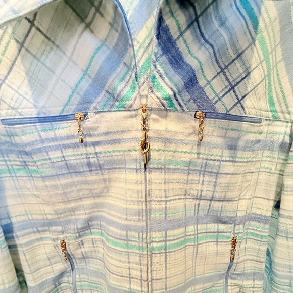 St John Cream/Teal/Blue Watercolor Plaid Gold Zip Jacket Size Large $425 - Picture 7 of 13